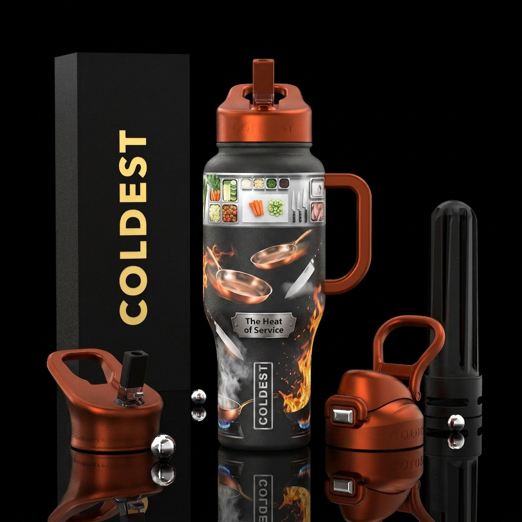 "The Heat of Service" A wraparound design showing:... water bottle design
