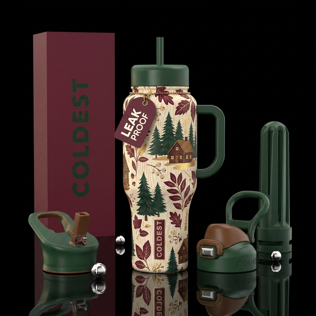 Autumn Lodge Design Rich burgundy Forest green Cre... water bottle design