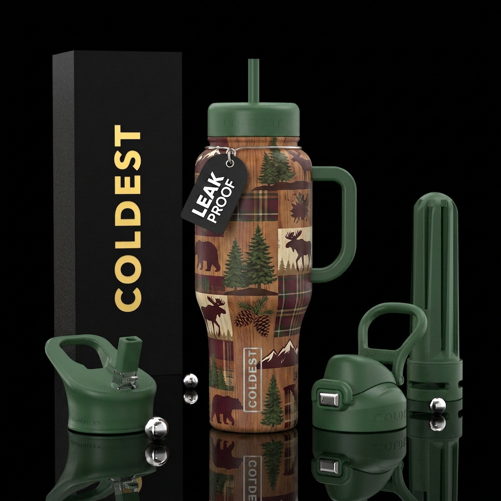 Autumn Lodge Design Rich burgundy Forest green Cre... water bottle design