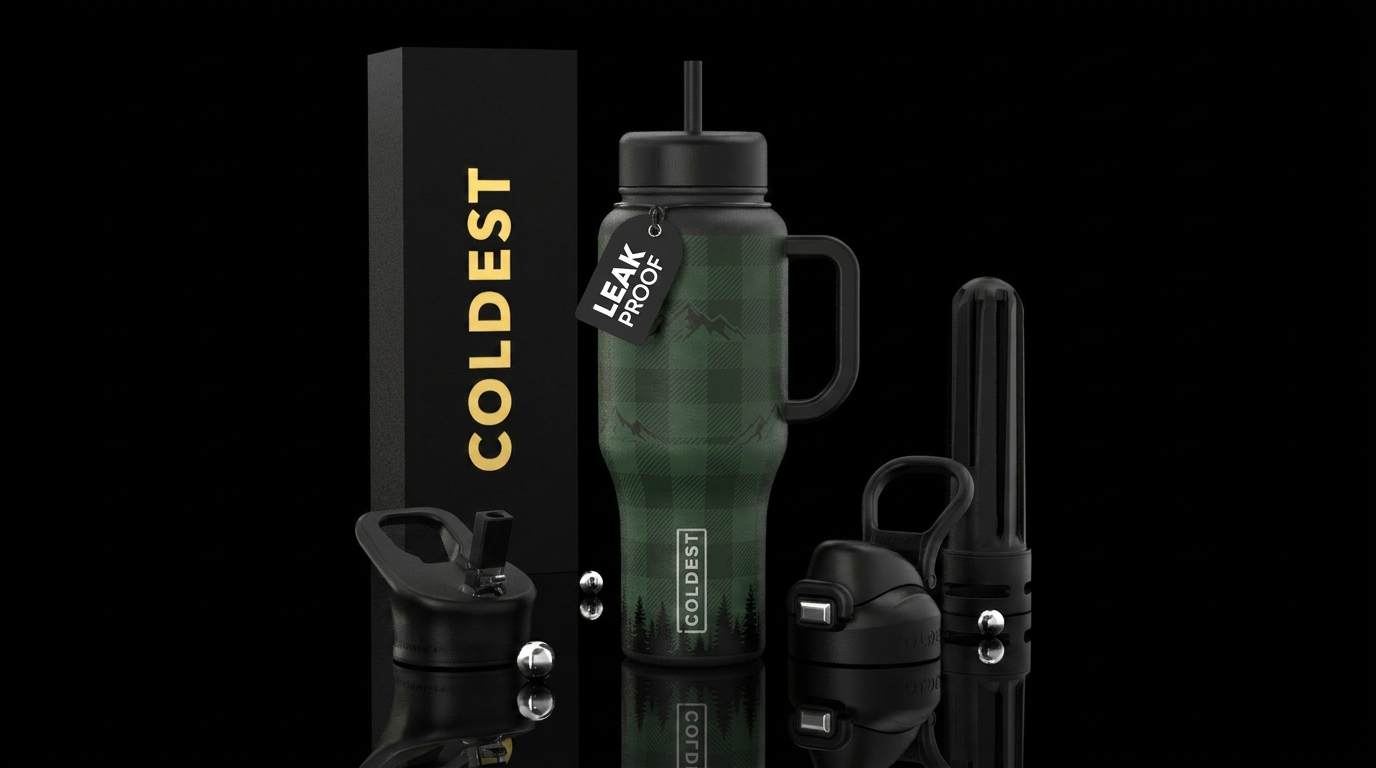Plaid & Pines Design Dark green plaid Small silhou... water bottle design