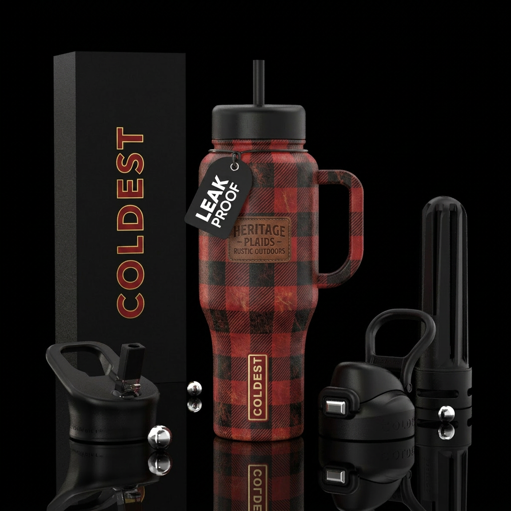 Heritage Plaid Design Traditional red-and-black bu... water bottle design