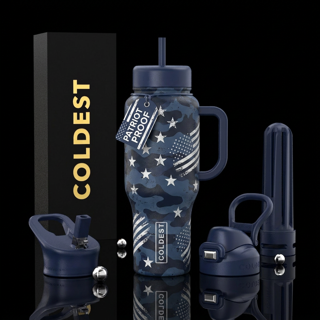 Blue Valor Navy blue camouflage background White s... water bottle design