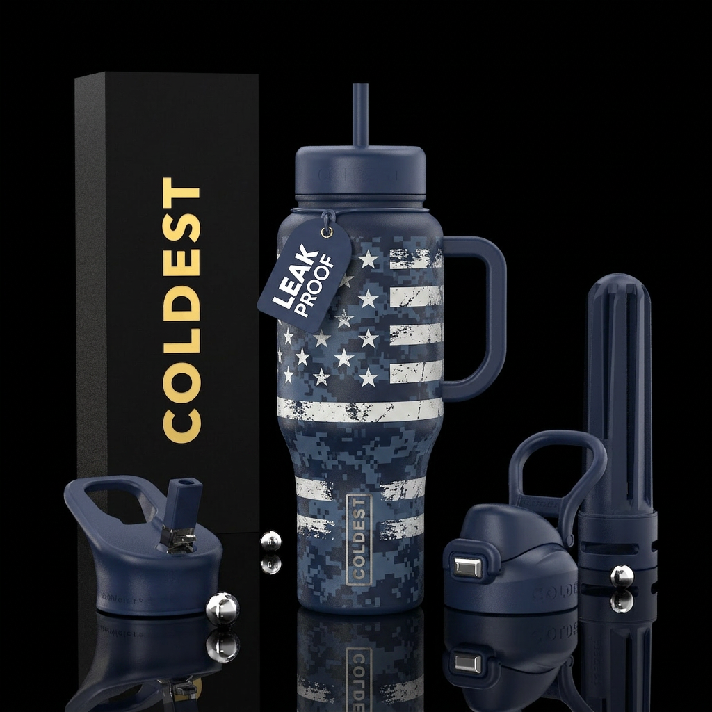 Blue Valor Navy blue camouflage background White s... water bottle design