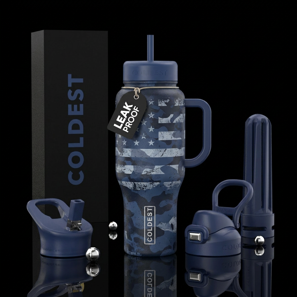 Blue Valor Navy blue camouflage background White s... water bottle design