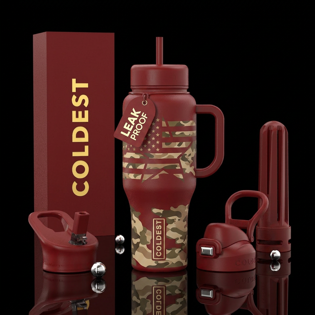 Desert Republic Background: Deep matte red Stars a... water bottle design