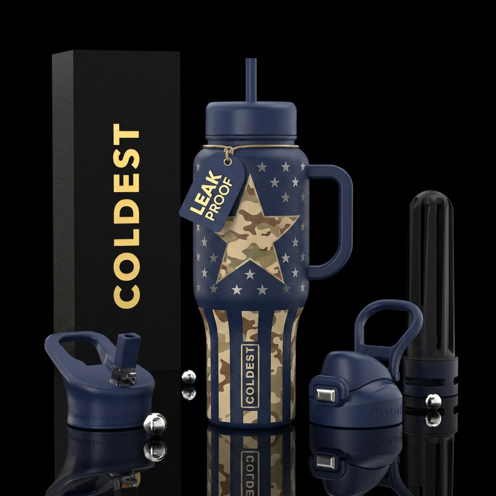 Desert Liberty Background: Navy blue Stars and str... water bottle design