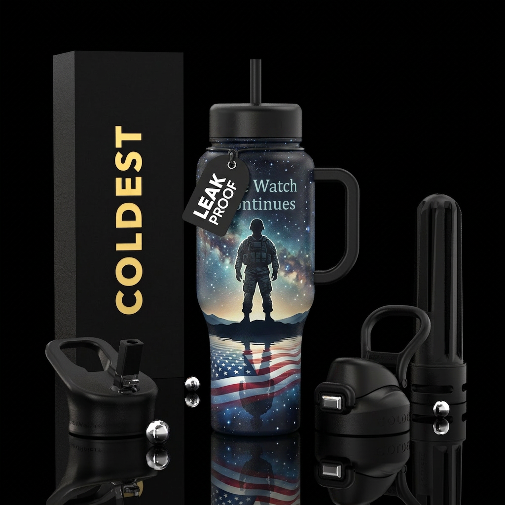 The Watch Continues Background Midnight black Desi... water bottle design
