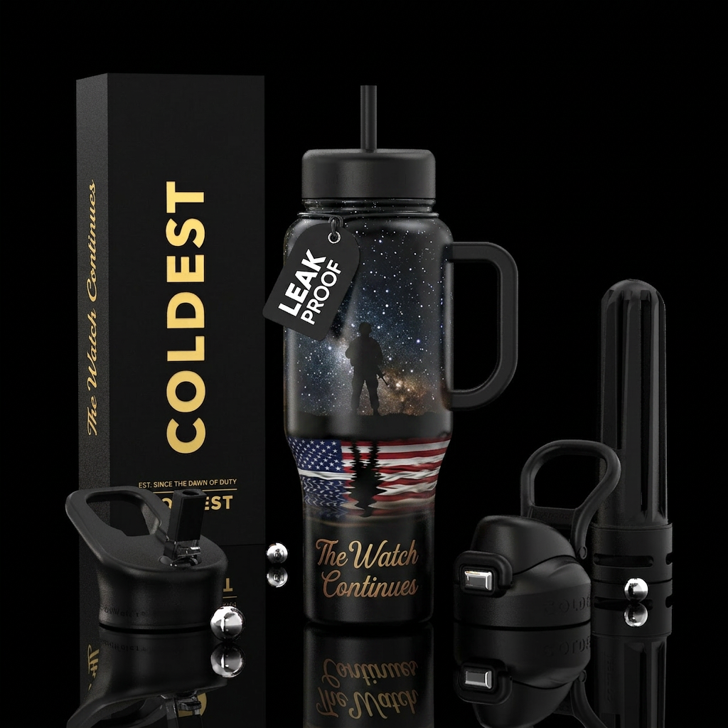 The Watch Continues Background Midnight black Desi... water bottle design