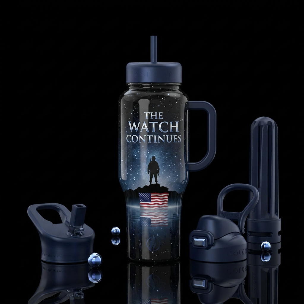 The Watch Continues Background Midnight black Desi... water bottle design