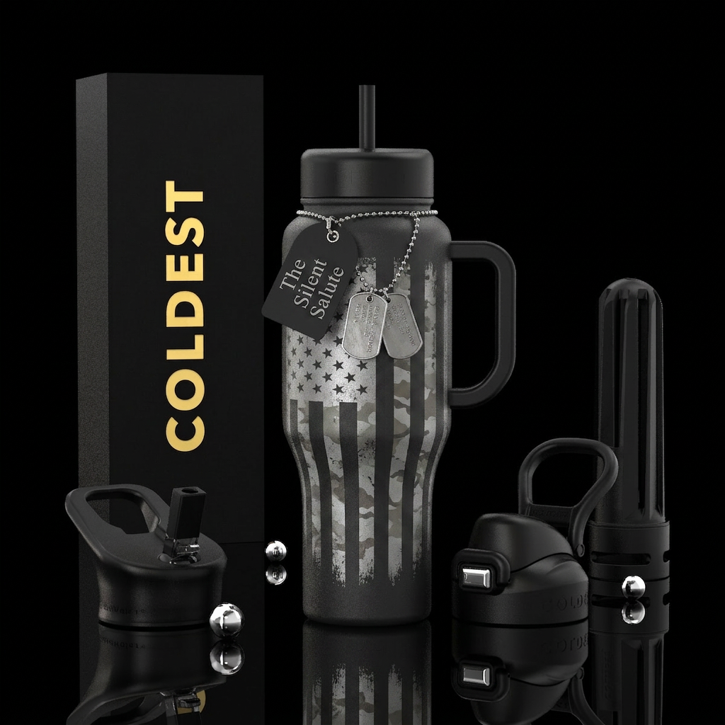 "The Silent Salute" Matte black tumbler Battle-wor... water bottle design