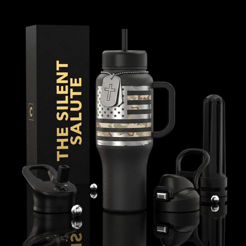 "The Silent Salute" Matte black tumbler Battle-wor... water bottle design