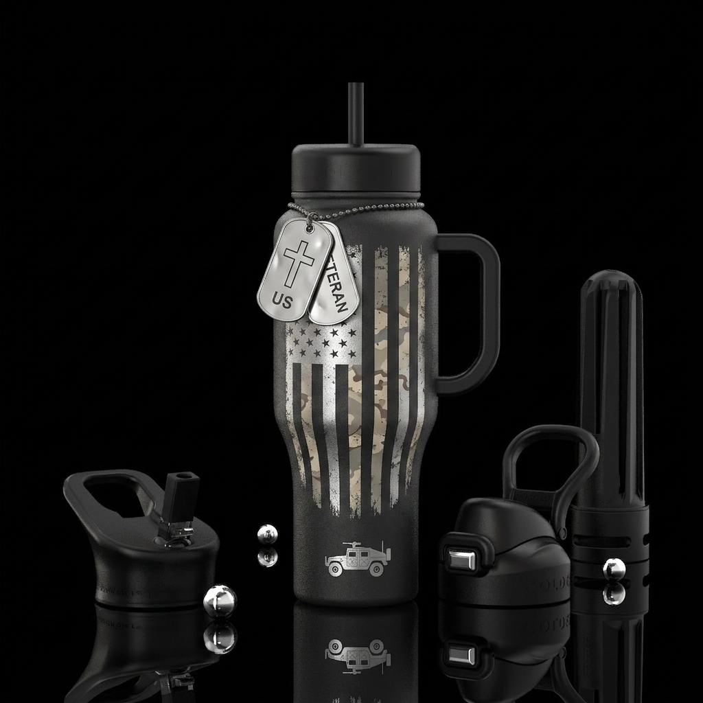 "The Silent Salute" Matte black tumbler Battle-wor... water bottle design