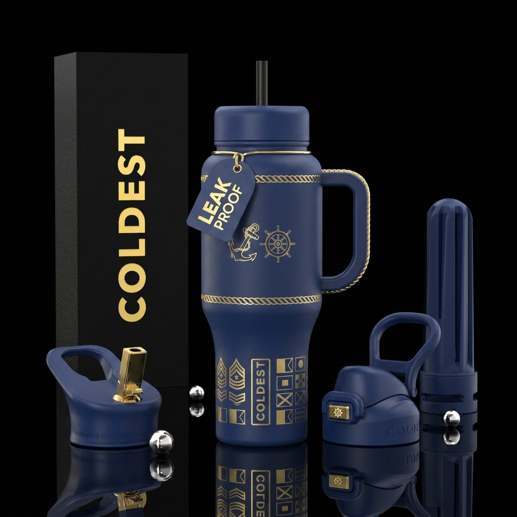 The First Mate Bottle Design Navy blue background ... water bottle design