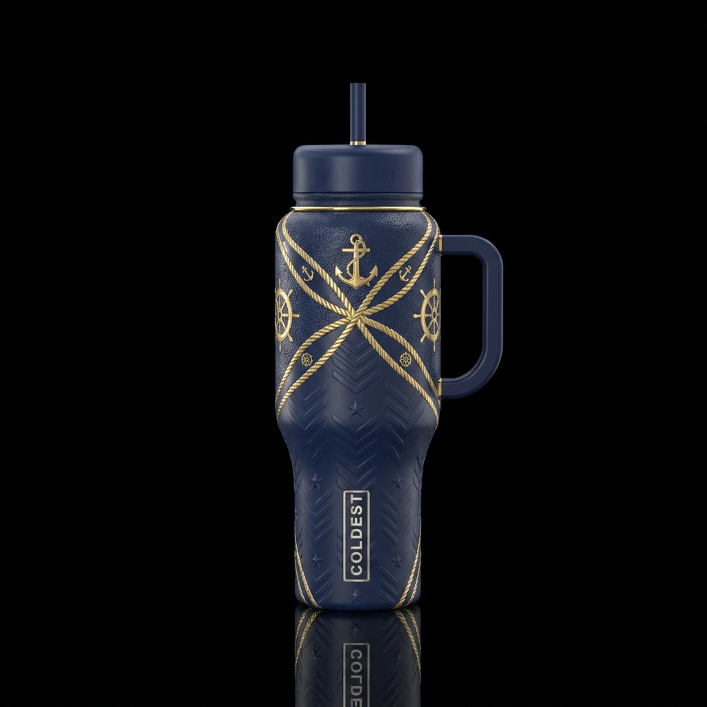 The First Mate Bottle Design Navy blue background ... water bottle design