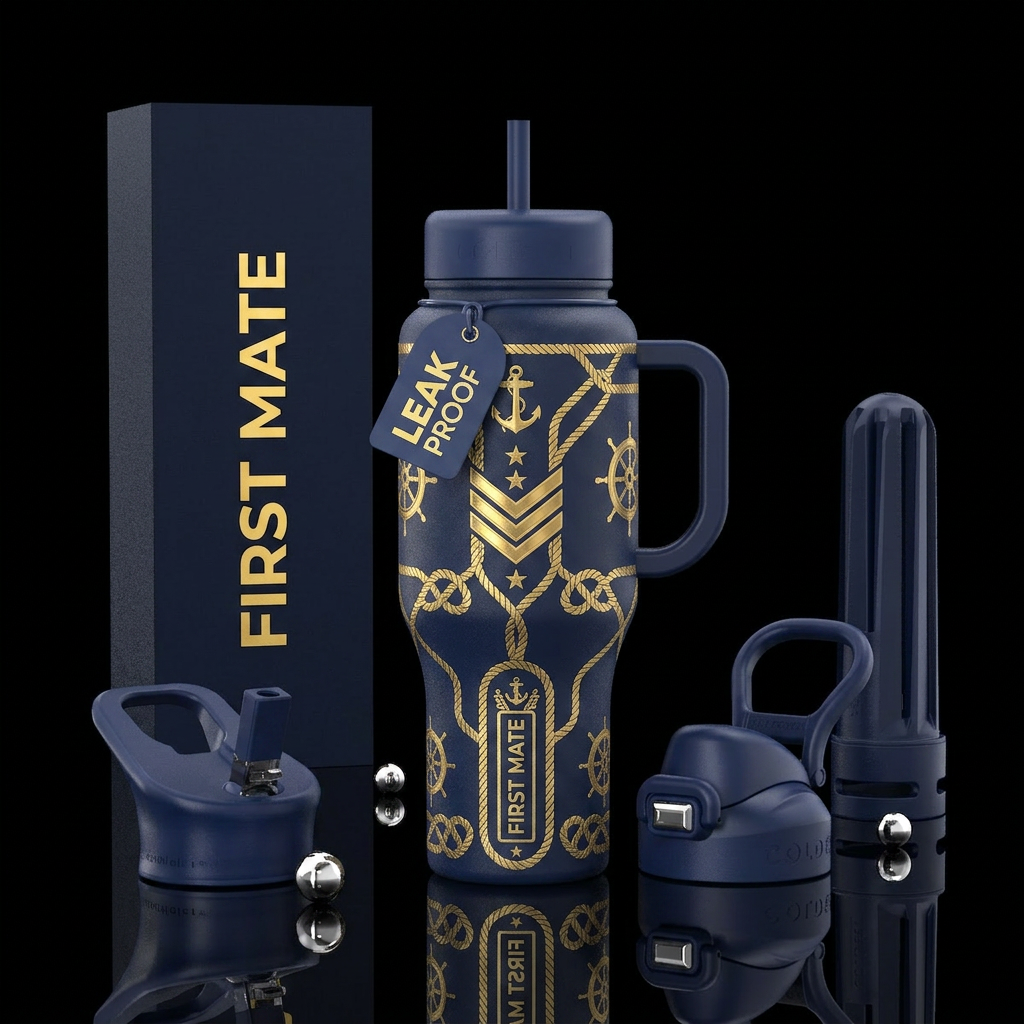 The First Mate Bottle Design Navy blue background ... water bottle design