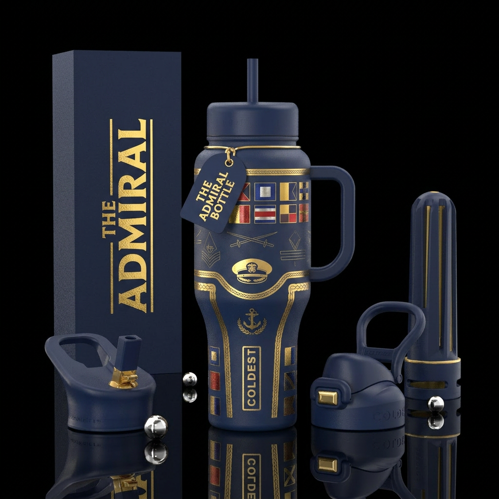 The Admiral Bottle Design Matte navy Gold trim Nav... water bottle design