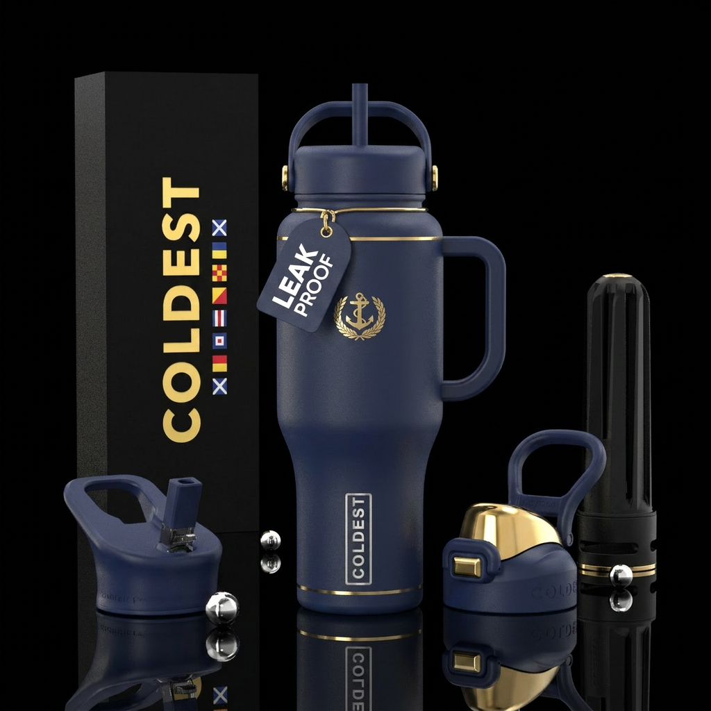 The Admiral Bottle Design Matte navy Gold trim Nav... water bottle design