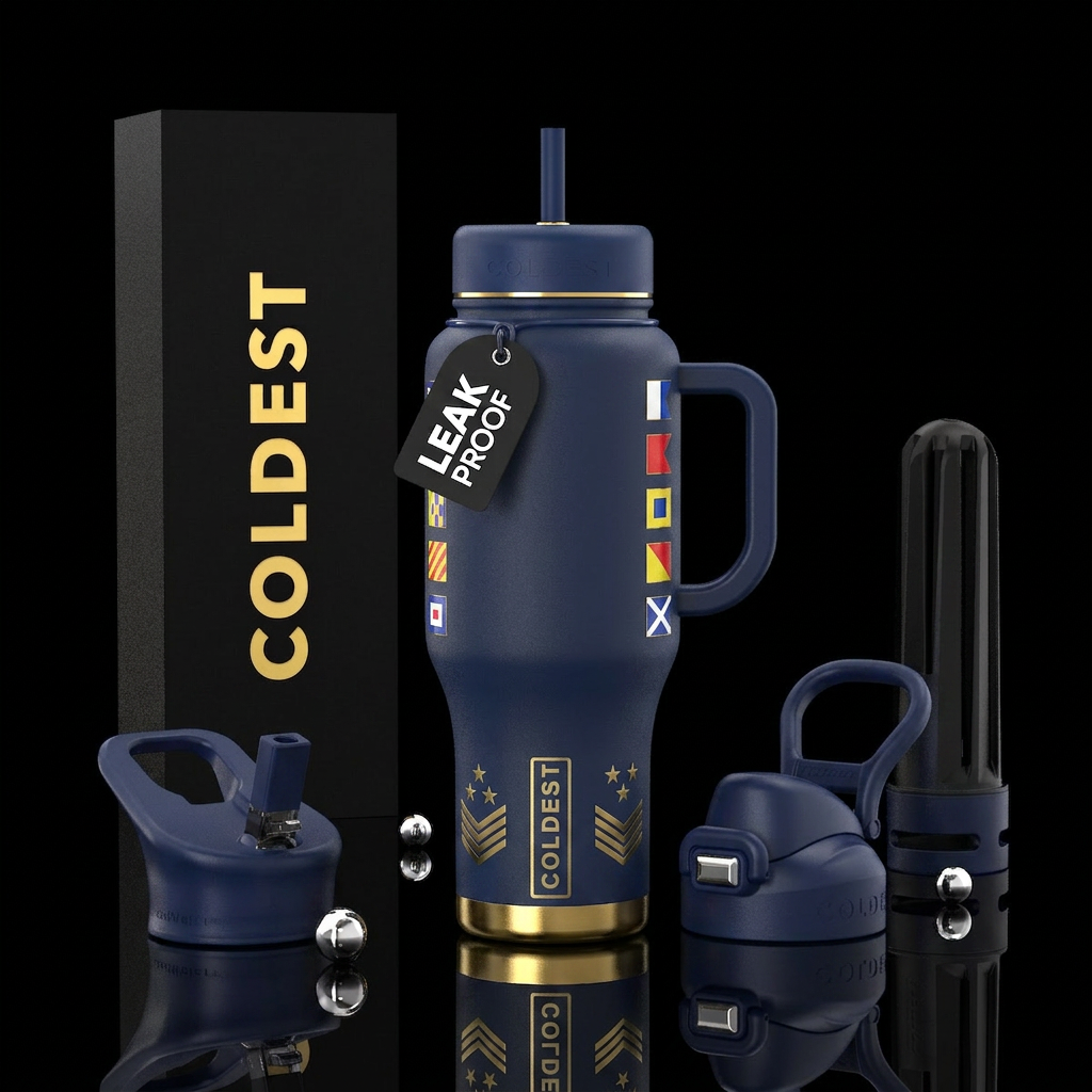 The Admiral Bottle Design Matte navy Gold trim Nav... water bottle design