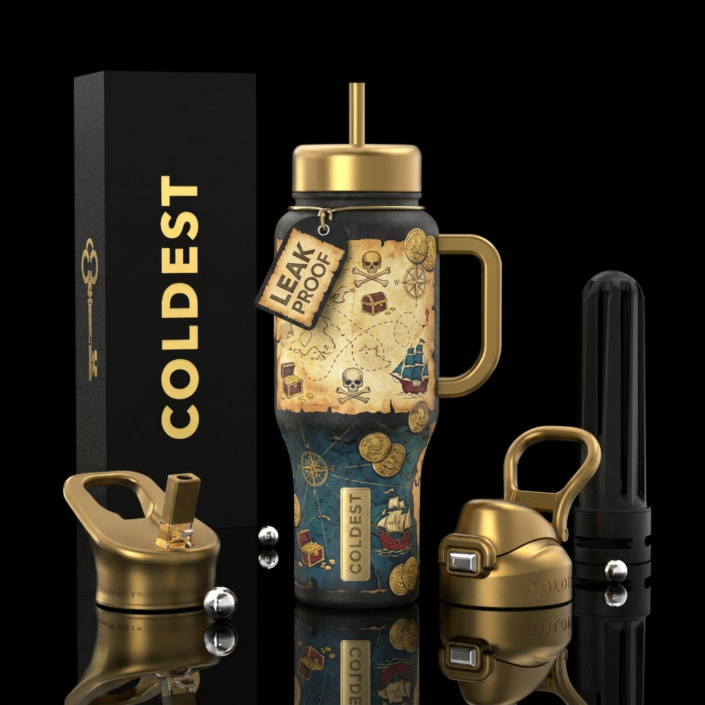 The Pirate King Bottle Design Black background Tre... water bottle design