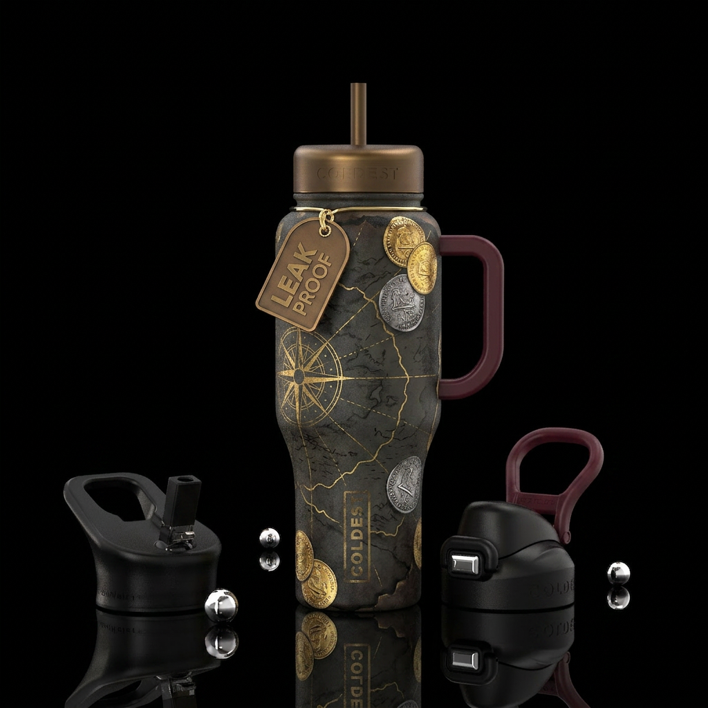 The Pirate King Bottle Design Black background Tre... water bottle design