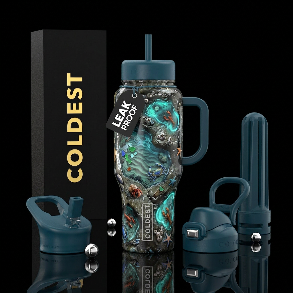 Low Tide Treasure Theme: Tide pools Realistic tide... water bottle design