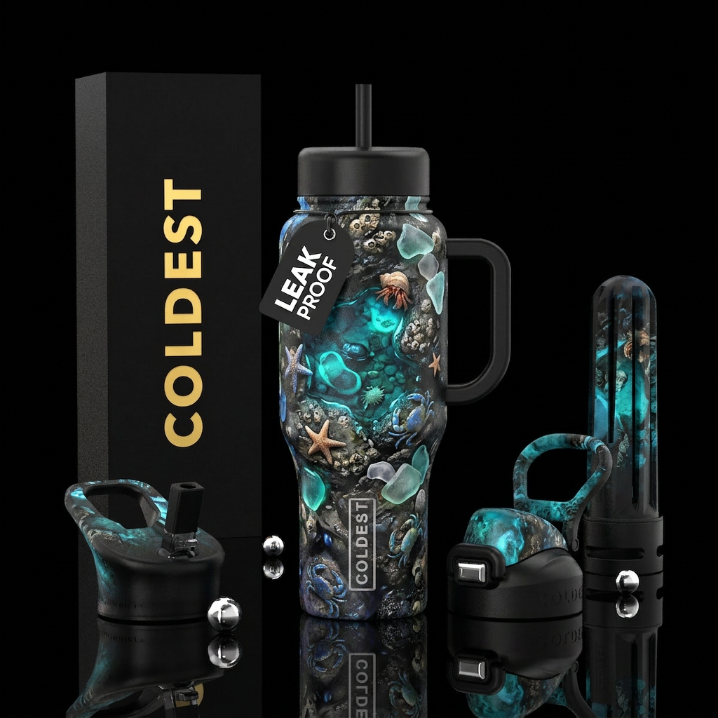 Low Tide Treasure Theme: Tide pools Realistic tide... water bottle design