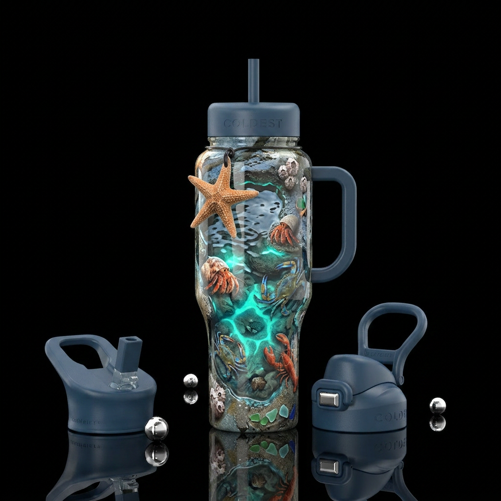Low Tide Treasure Theme: Tide pools Realistic tide... water bottle design