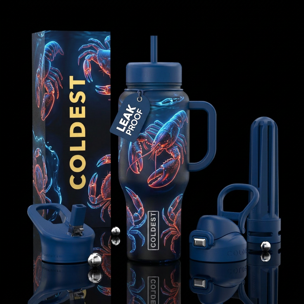 Neon Crustaceans Theme: Night fishing Matte black ... water bottle design