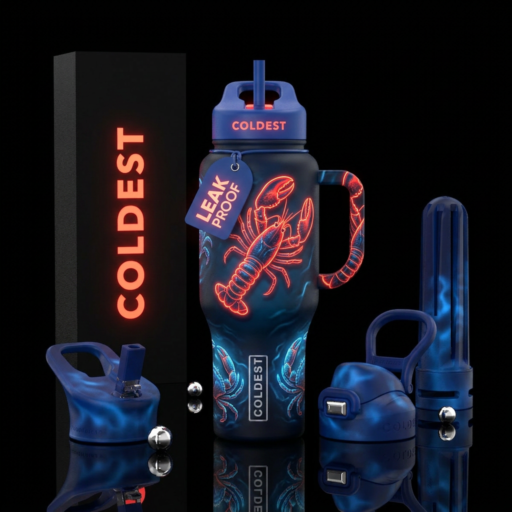 Neon Crustaceans Theme: Night fishing Matte black ... water bottle design