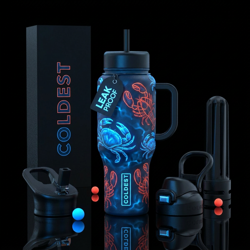 Neon Crustaceans Theme: Night fishing Matte black ... water bottle design