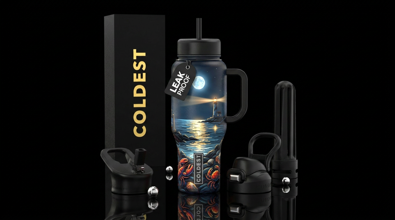 Moonlit Harbor Theme: Coastal night scene Lobsters... water bottle design