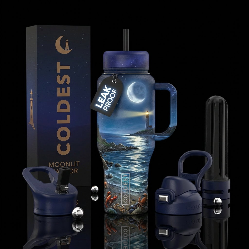 Moonlit Harbor Theme: Coastal night scene Lobsters... water bottle design