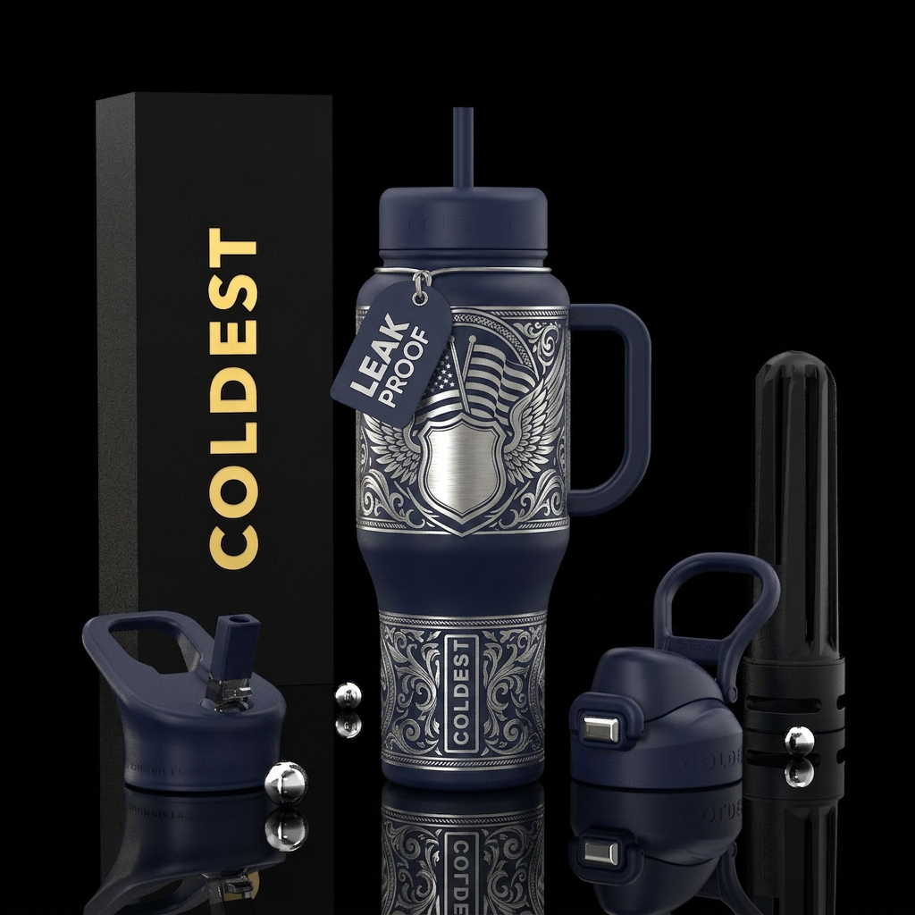 Brotherhood in Blue Design Deep navy background Me... water bottle design
