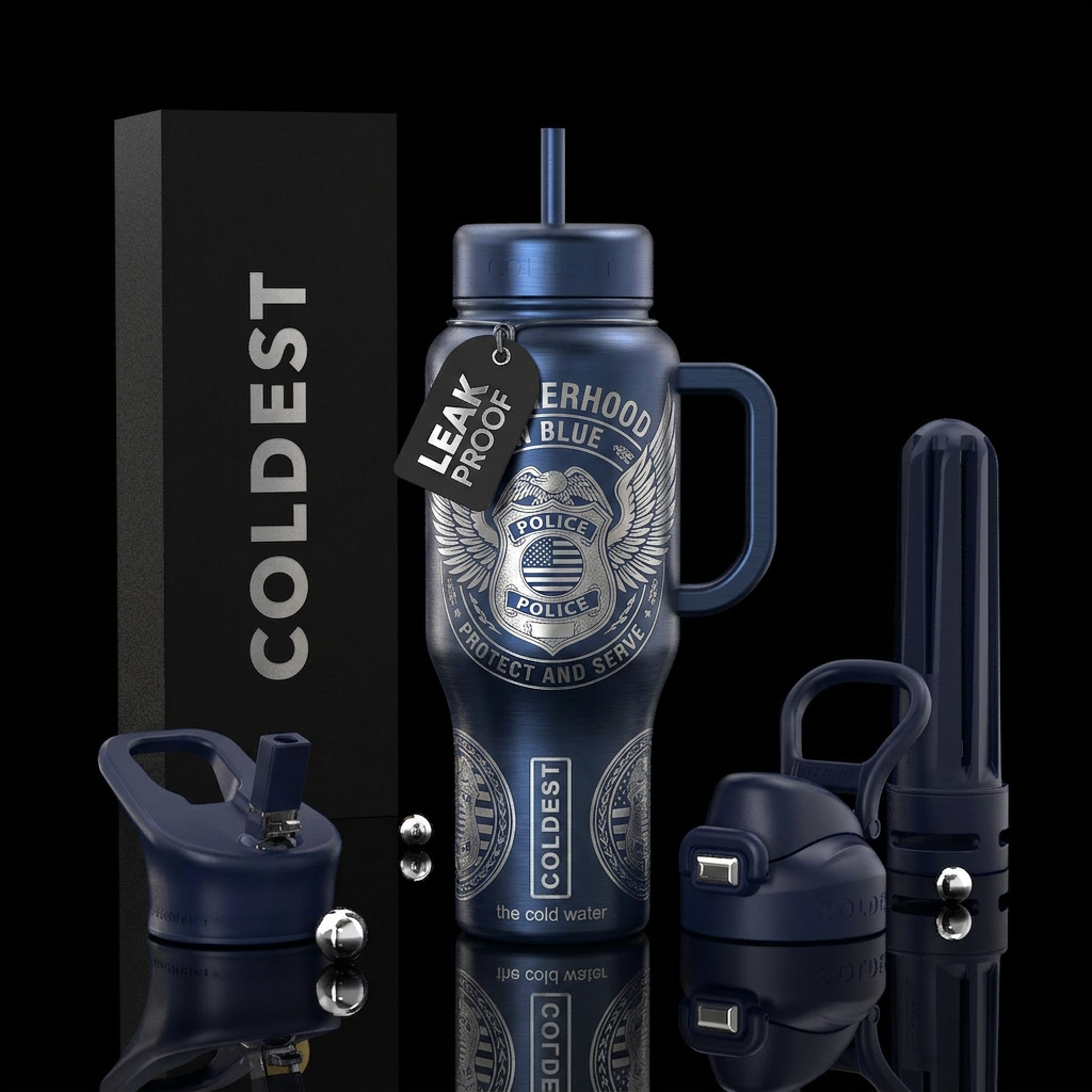 Brotherhood in Blue Design Deep navy background Me... water bottle design