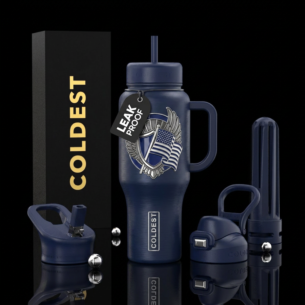 Brotherhood in Blue Design Deep navy background Me... water bottle design