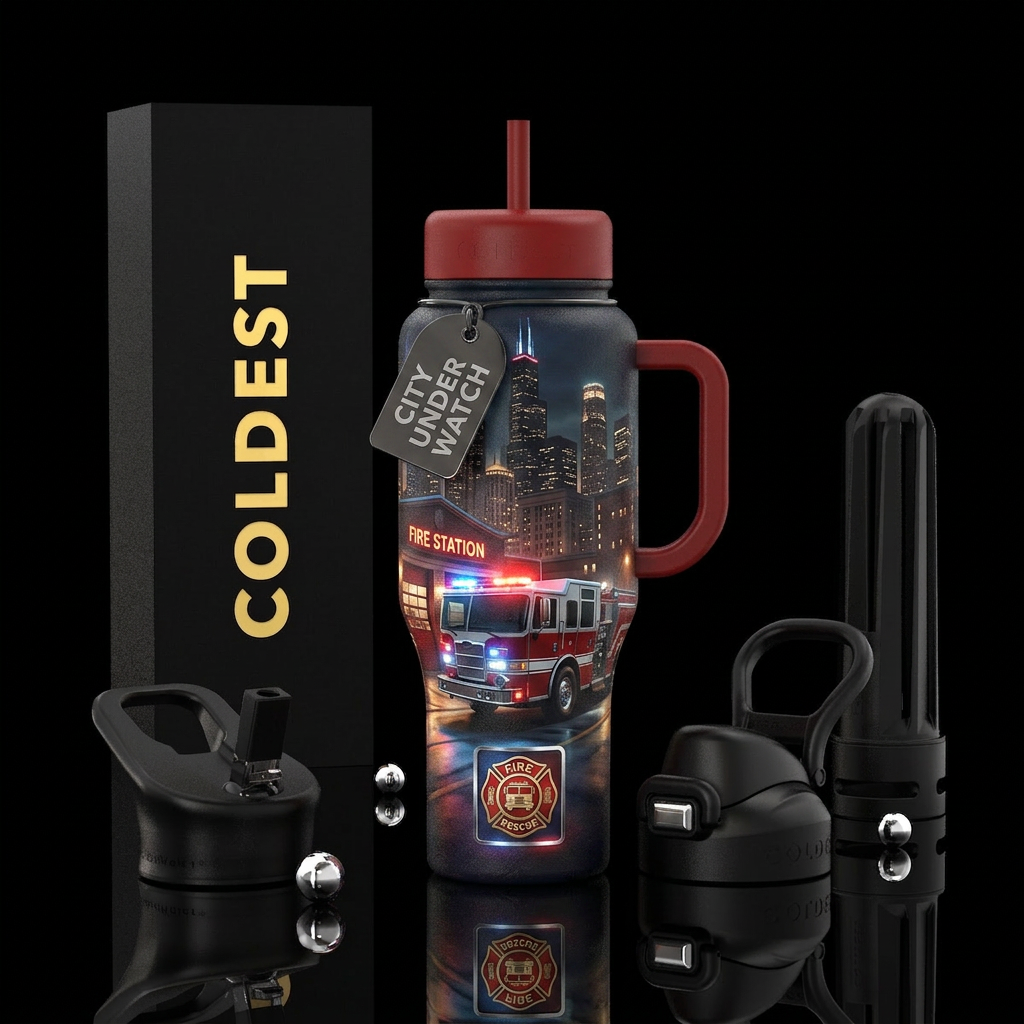 City Under Watch Visuals City skyline at night Fir... water bottle design