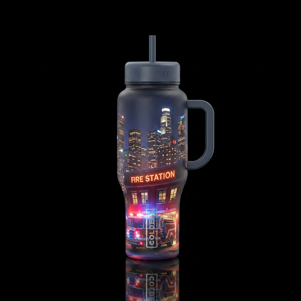 City Under Watch Visuals City skyline at night Fir... water bottle design