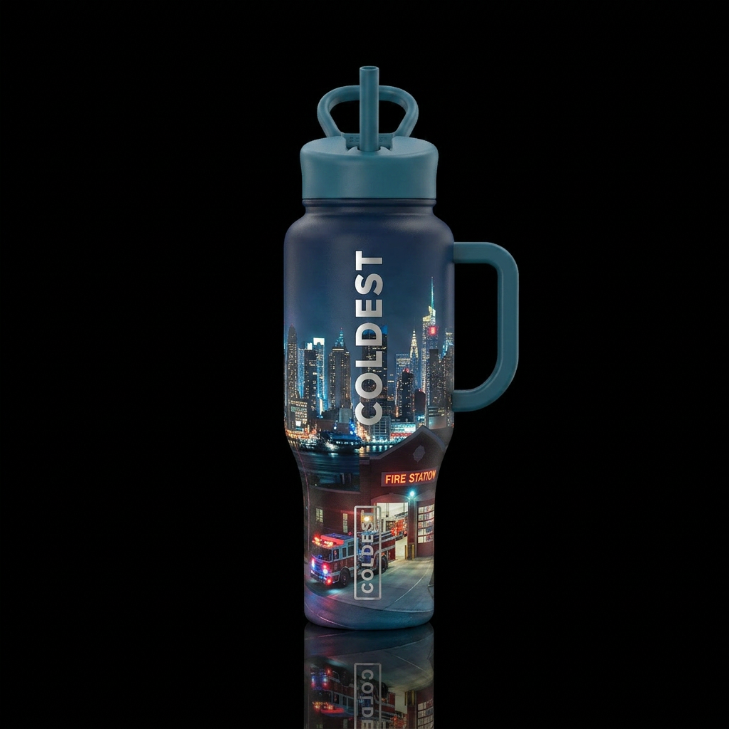 City Under Watch Visuals City skyline at night Fir... water bottle design
