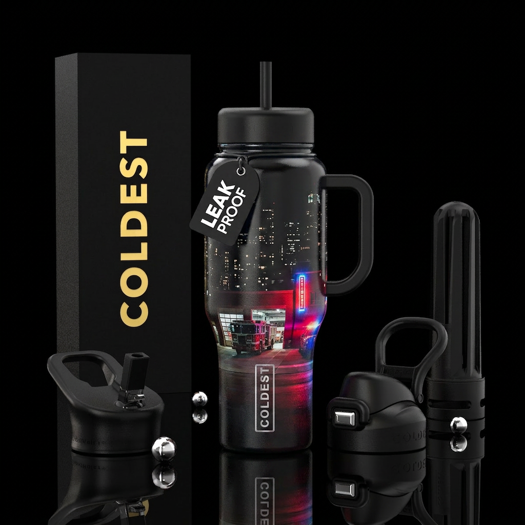 City Under Watch Visuals City skyline at night Fir... water bottle design
