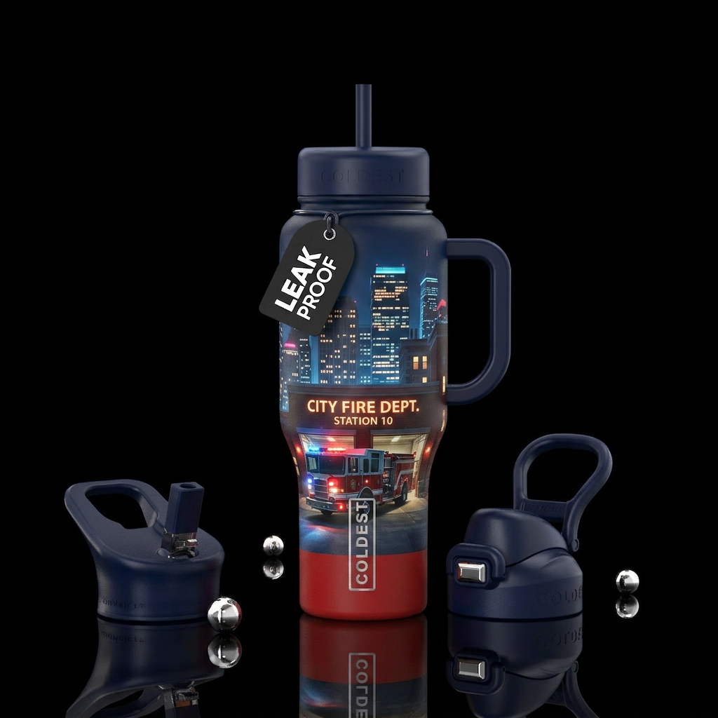 City Under Watch Visuals City skyline at night Fir... water bottle design