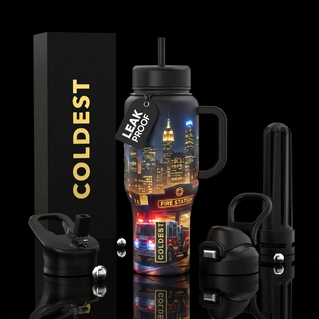 City Under Watch Visuals City skyline at night Fir... water bottle design