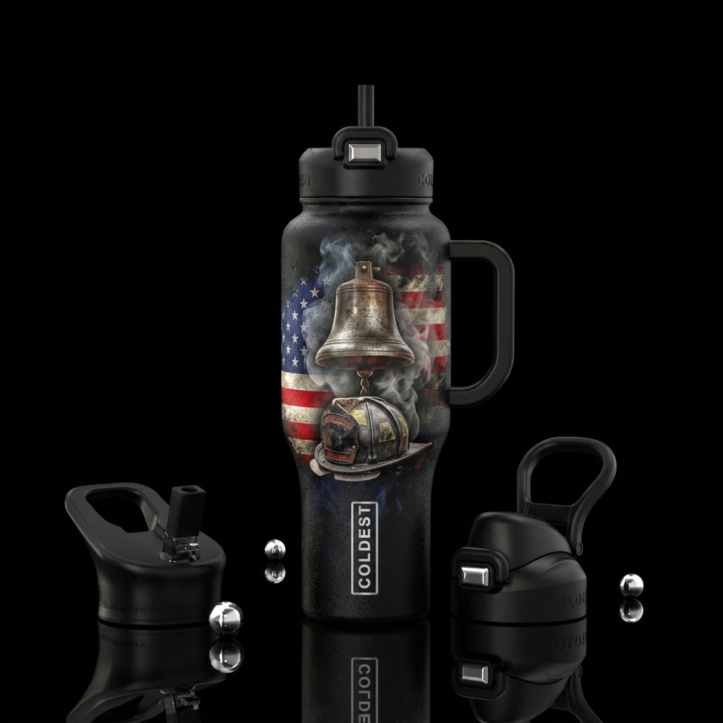 Last Alarm Visuals Deep black background Bell surr... water bottle design