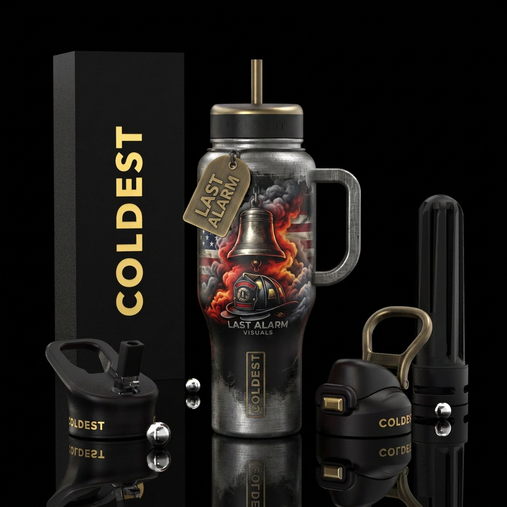 Last Alarm Visuals Deep black background Bell surr... water bottle design