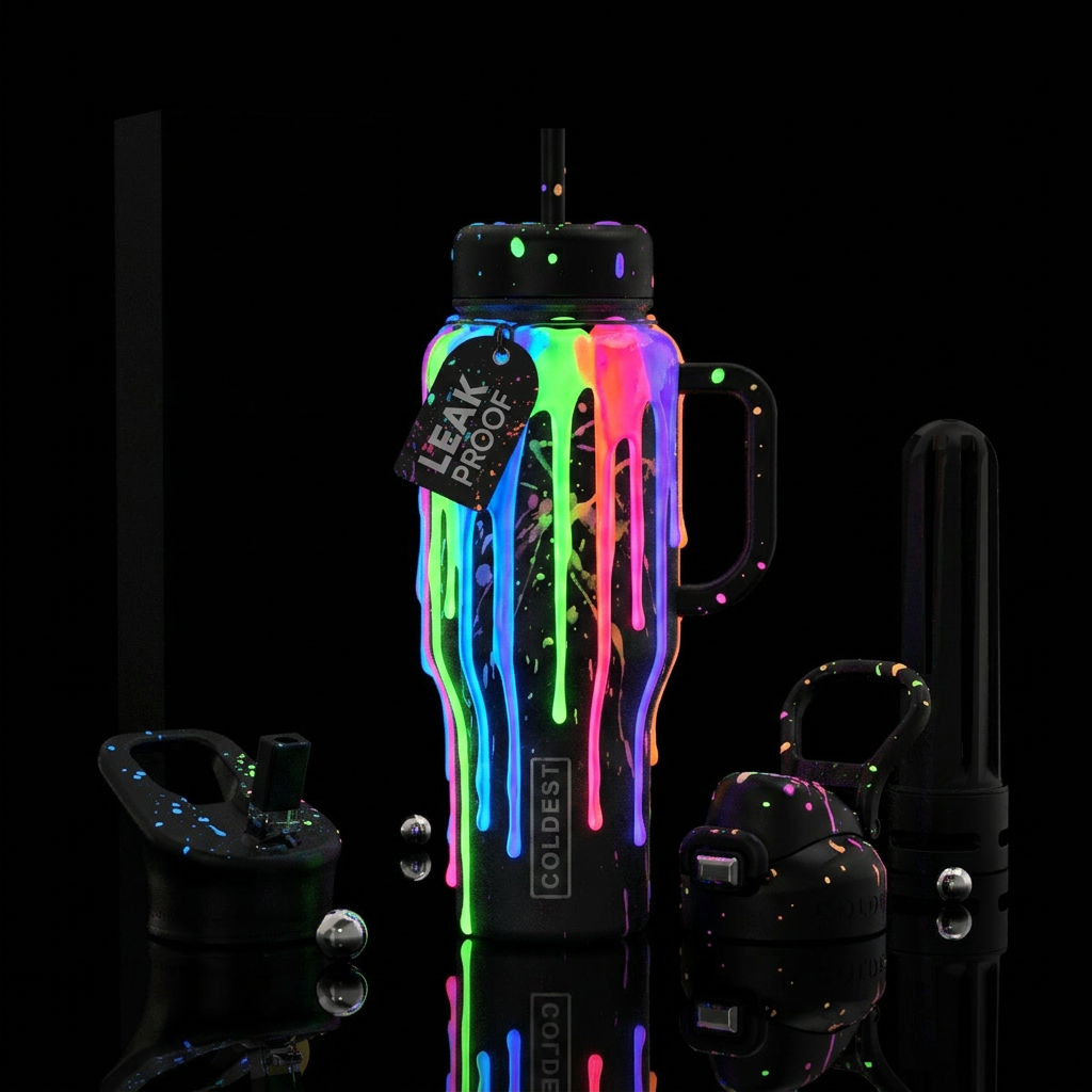 Neon Drip Glowie Daytime Matte black bottle Thick,... water bottle design