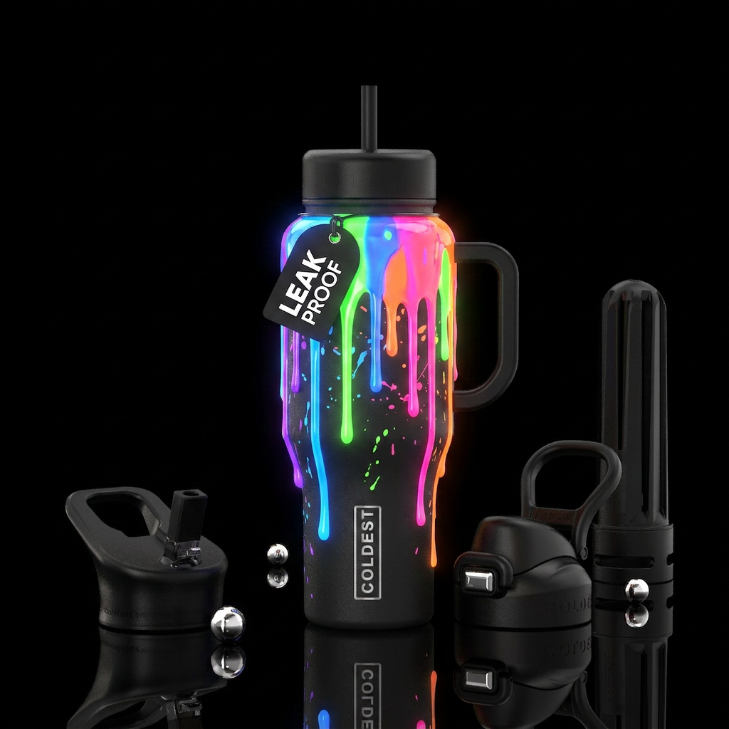 Neon Drip Glowie Daytime Matte black bottle Thick,... water bottle design