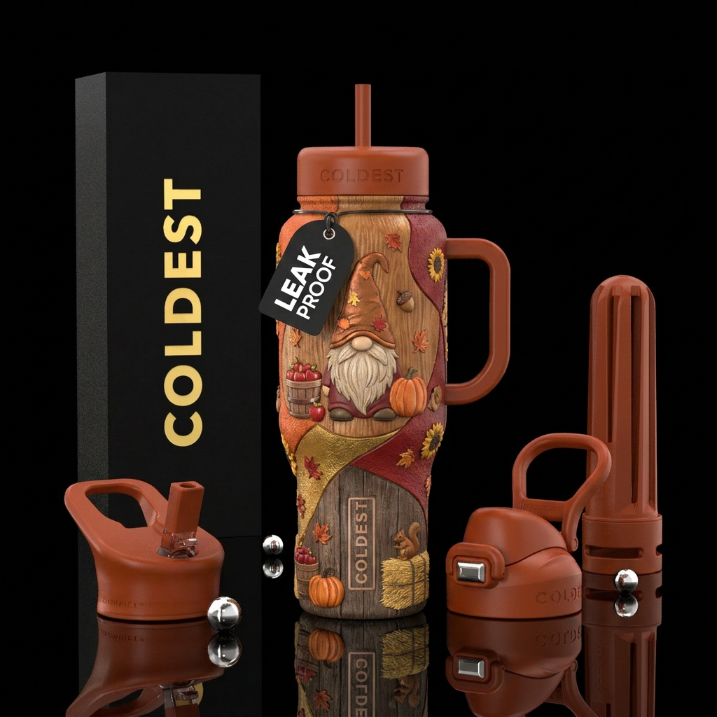 Fall Gnome Section Colors Burnt orange Deep red Go... water bottle design