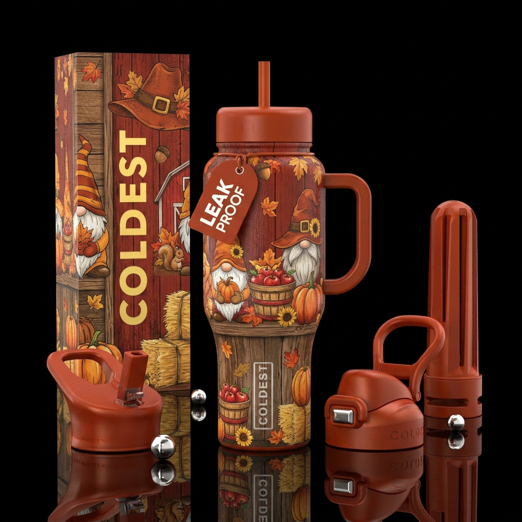 Fall Gnome Section Colors Burnt orange Deep red Go... water bottle design