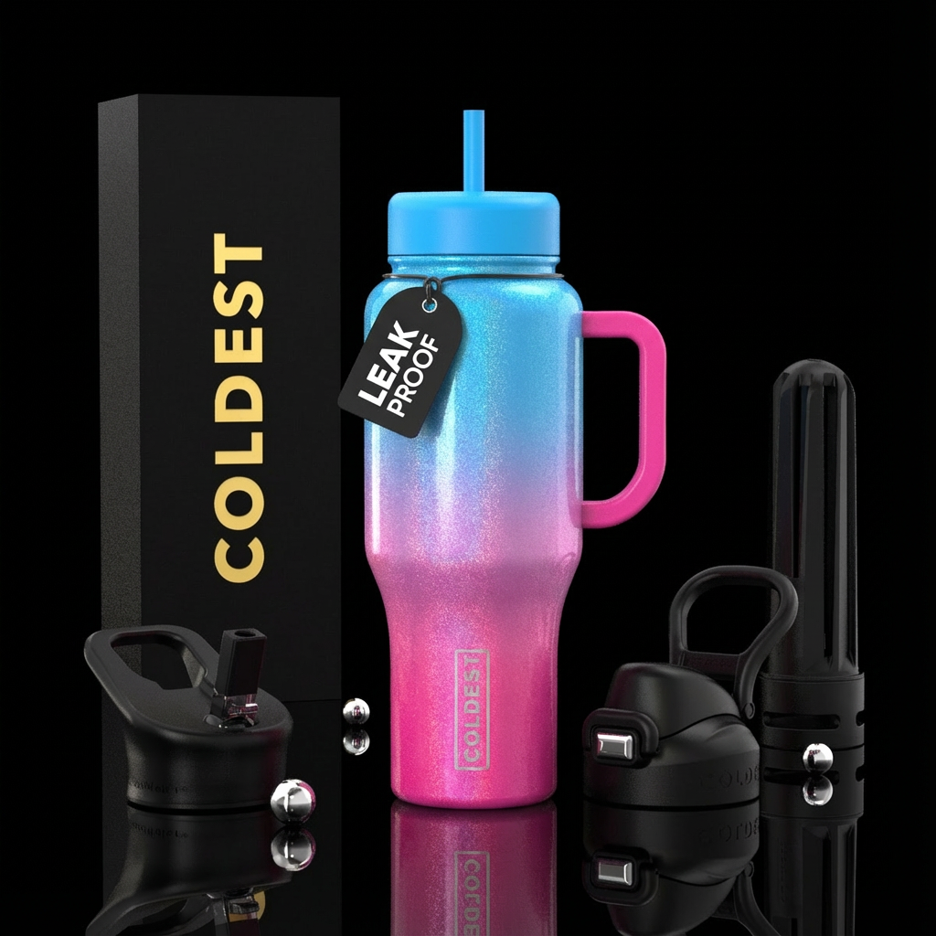 Ombre shimmery colors from bright blue to hot pink water bottle design
