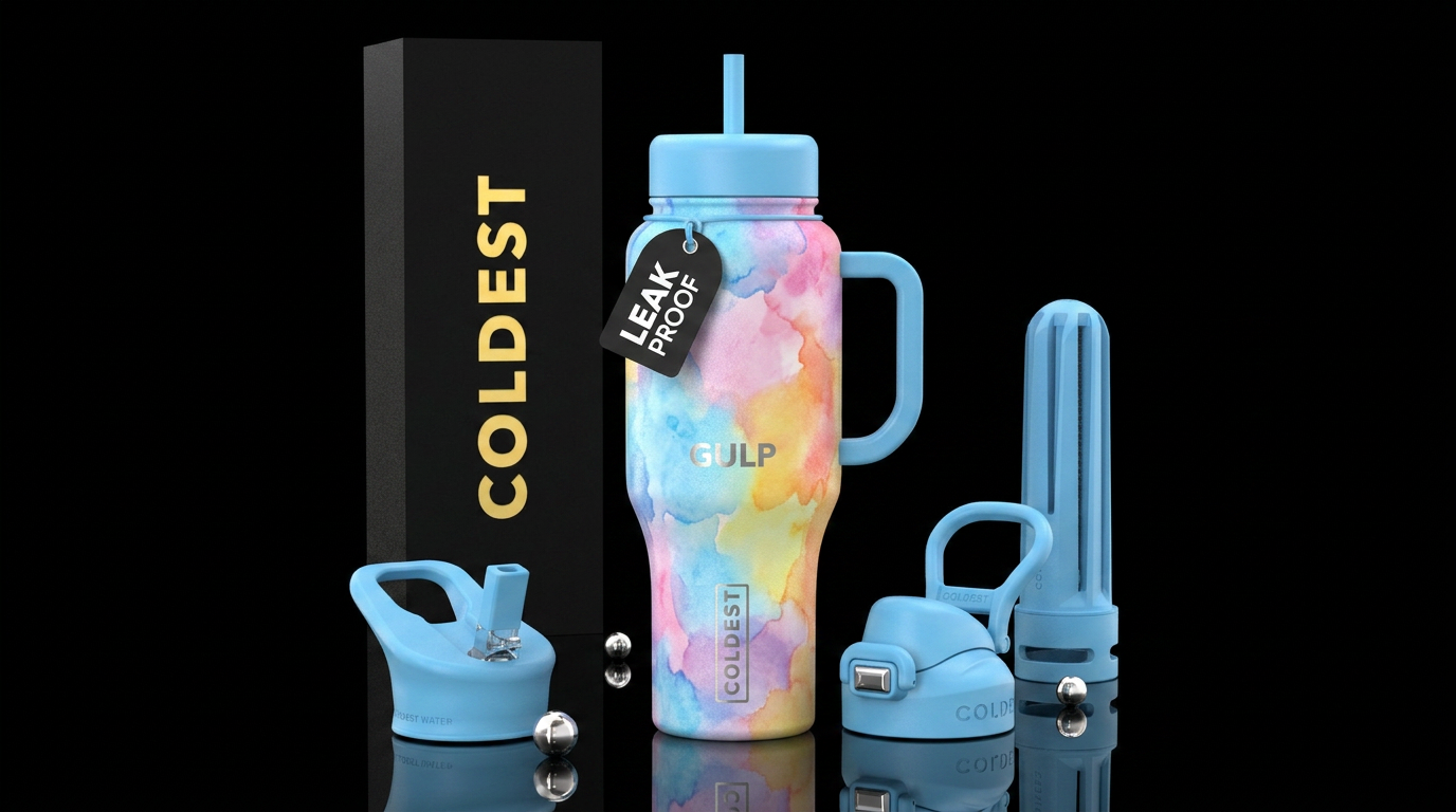 A bottle made of light blue, pink, yellow, orange ... water bottle design