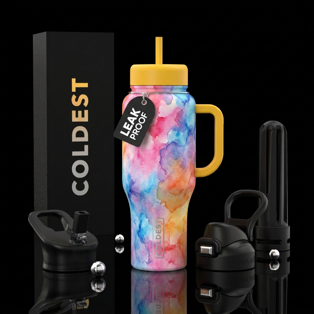 A colorful watercolor bottle with all colors blend... water bottle design